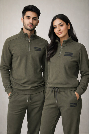 Jasper Unisex Ribbed Half-Zip Tracksuit – Olive Green (Export Leftover)